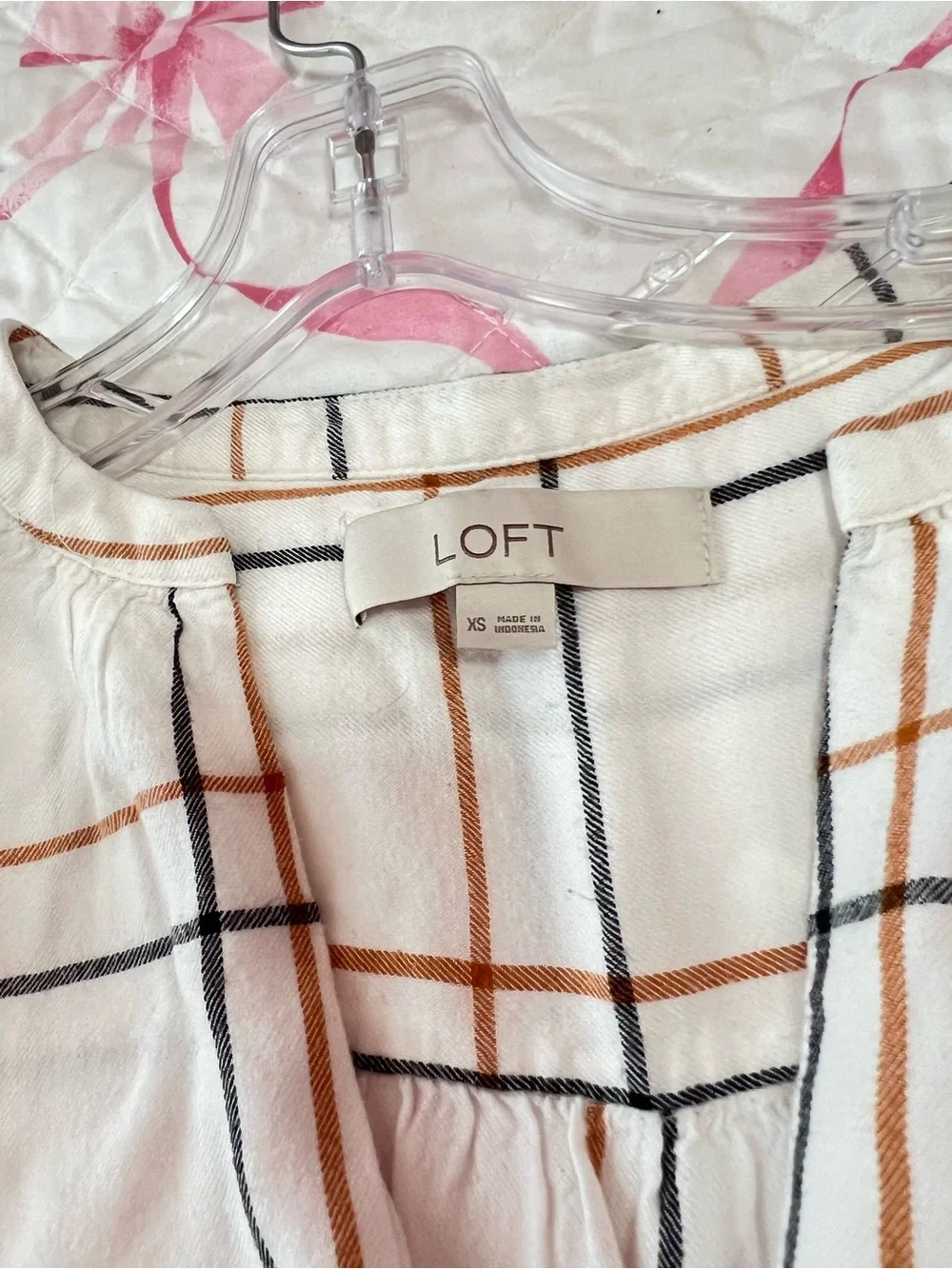 LOFT White Plaid Split-Neck Blouse with Navy and Rust Lines